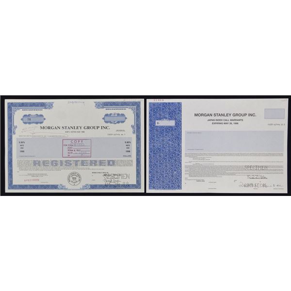NY. Morgan Stanley Group Inc., 1988-1994. Specimen Registered Bond & Japan Index Call Warrants Pair