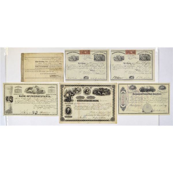 NY. & PA., New York and Pennsylvania Early Banking Stock Certificate Assortment, 1813 to 1889.