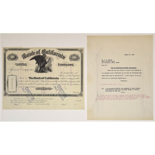 CA. Bank of California, 18xx (July, 1st, 1864), Specimen Stock Certificate From their First Book of 