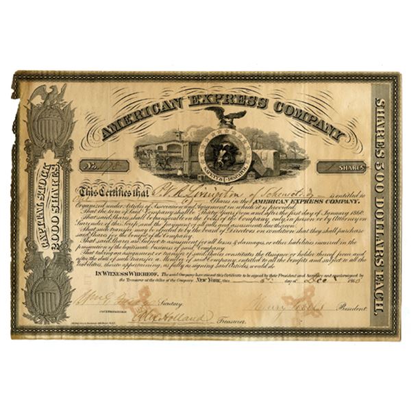 NY. American Express Co., 1860, Issued Stock Certificate signed by H. Wells and J. Fargo.