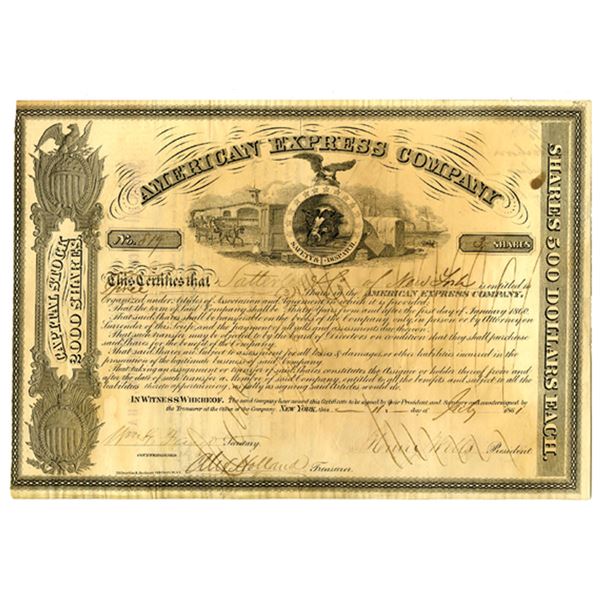 NY. American Express Co., 1861, I/C Stock Certificate.