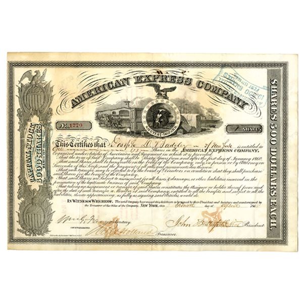 NY. American Express Co., 1865, I/C Stock Certificate.