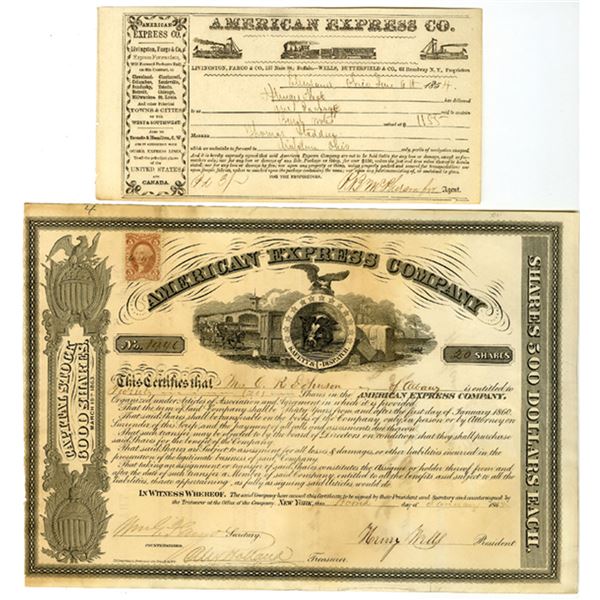 NY. American Express Co., 1865, I/U Stock Certificate.