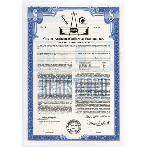 CA. Rams and Angels, Anaheim Stadium, Inc., 1990 Sports Specimen Bond.