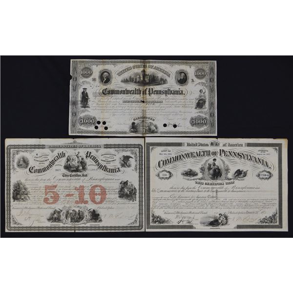 PA. Commonwealth of Pennsylvania, 1852 to 1872, I/C Bond Trio.
