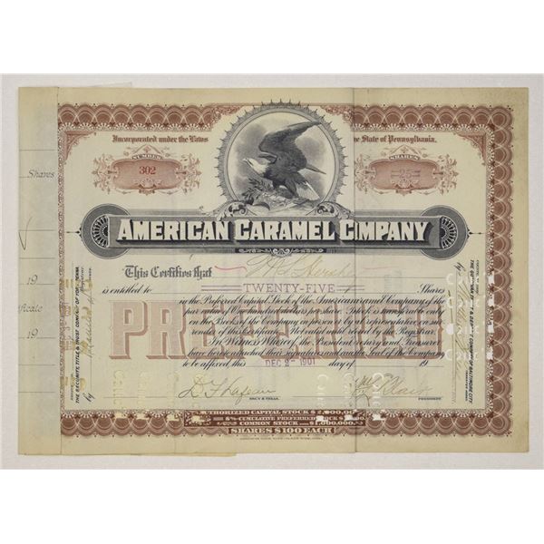 PA. American Caramel Co., 1901, I/C Stock Certificate ITASB Milton Hershey.