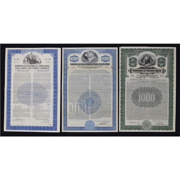Argentina, El Salvador, and Peru, Government & Utility Specimen Bond Trio, 1935 to 1969.