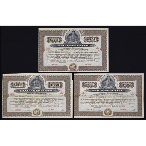 Bolivia. Banco Mercantil, ca.1900-1910 Specimen Bond Trio