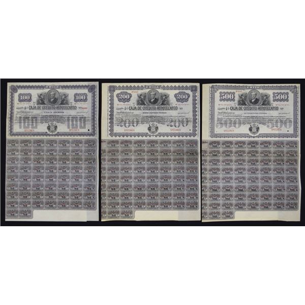 Chile. Caja de Credito Hipotecario, ca.1900, Specimen Coupon Bond Trio.