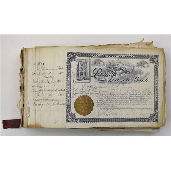 NH. Laconia National Bank, 1893 to 1955, I/C Stock Certificate Book of over 400 Certificates Re-atta