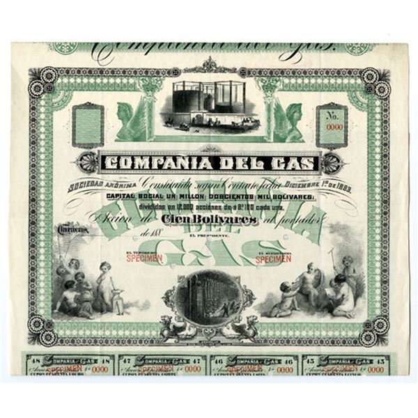 Venezuela. Compania del Gas, ND (1880s), Specimen Certificate Rarity.