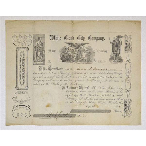 KS. White Cloud City Co., 1857, I/U Stock Certificate.