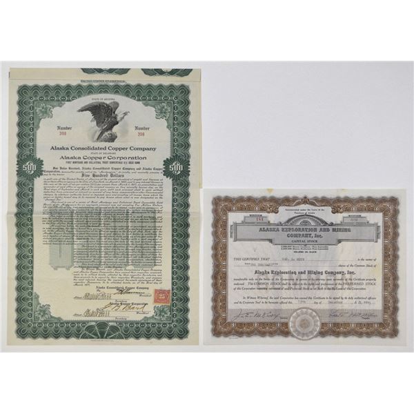 AK. Alaska Consolidated Copper Co. Bond, and, Mining Company Issued Pair, 1917 and 1935.