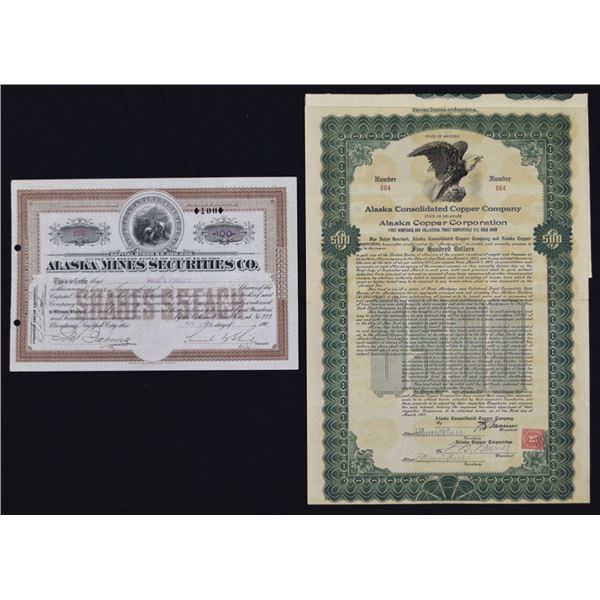 AK. Alaska Consolidated Copper Company & Alaska Mines Securities, 1906 and 1917, I/U Stock & Bond Pa