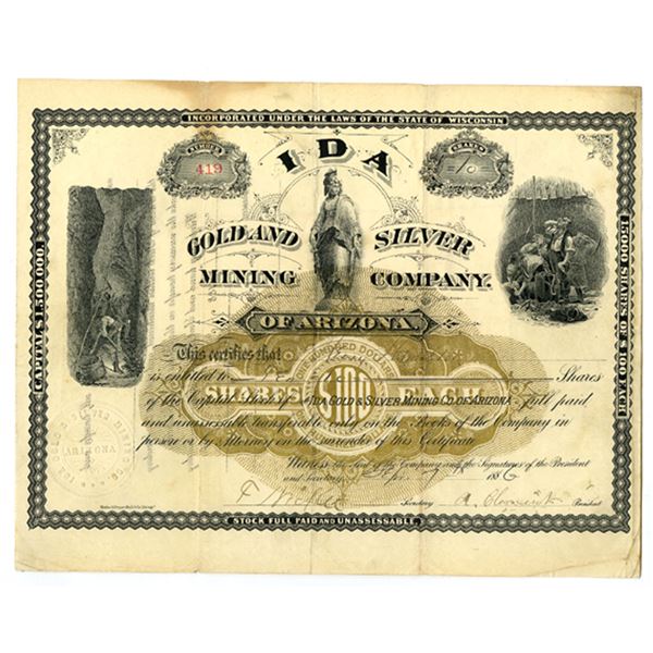 AZ. Ida Gold and Silver Mining Company of Arizona, 1886, I/U Stock Certificate