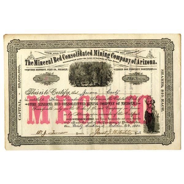 AZ. Mineral Bed Consolidated Mining Co. of Arizona, 1880 I/U Stock Certificate.