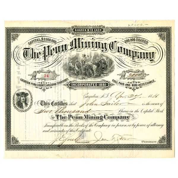 AZ. Penn Mining Co., 1881, I/U Stock Certificate.