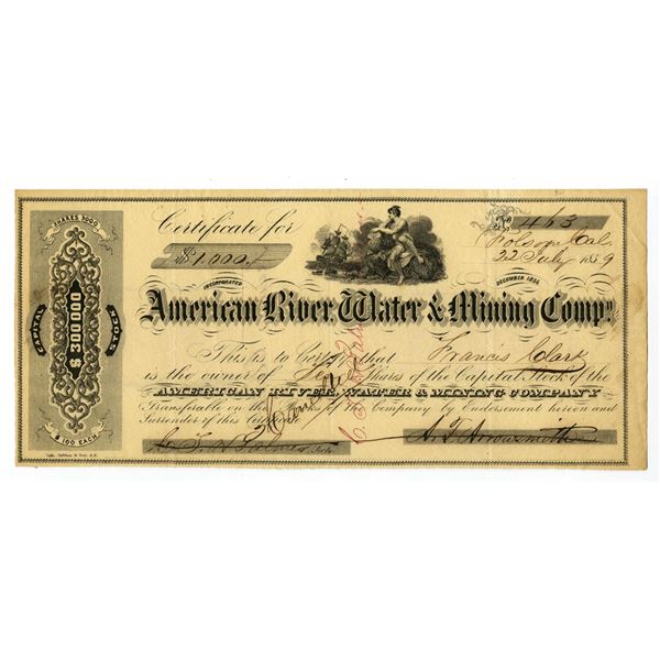 CA. American River, Water & Mining Co., 1859, I/C Stock Certificate.