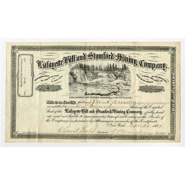 CA. Lafayette Hill and Stamford Mining Co., 1881, I/U Stock Certificate Signed by Clement Gould as S