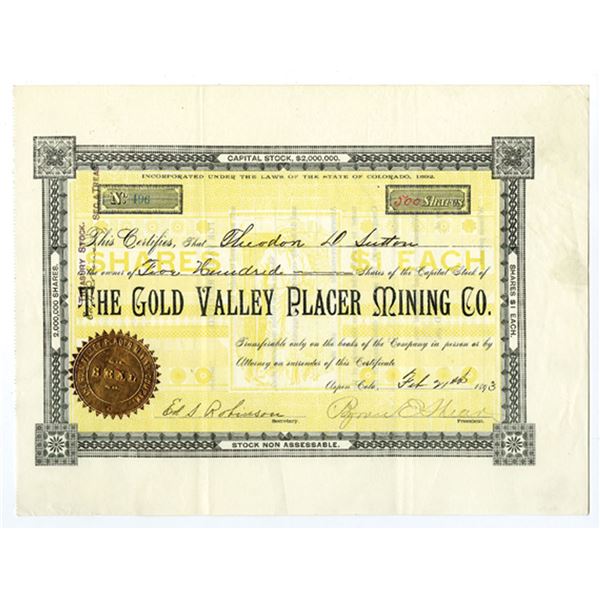 CO. Gold Valley Placer Mining Co., 1893 Stock Certificate