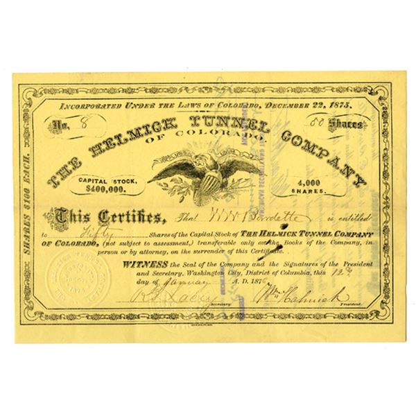 CO. Helmick Tunnel Company of Colorado, 1876 I/U Stock Certificate
