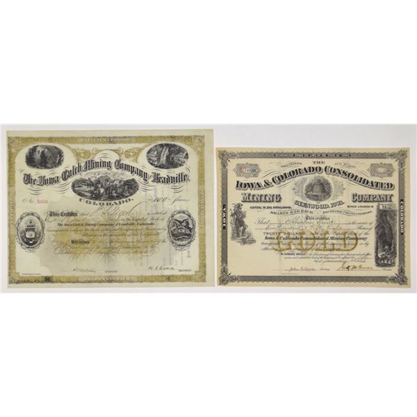 CO. Iowa Related Colorado Mining Stock Certificate Pair, 1881 & 1883