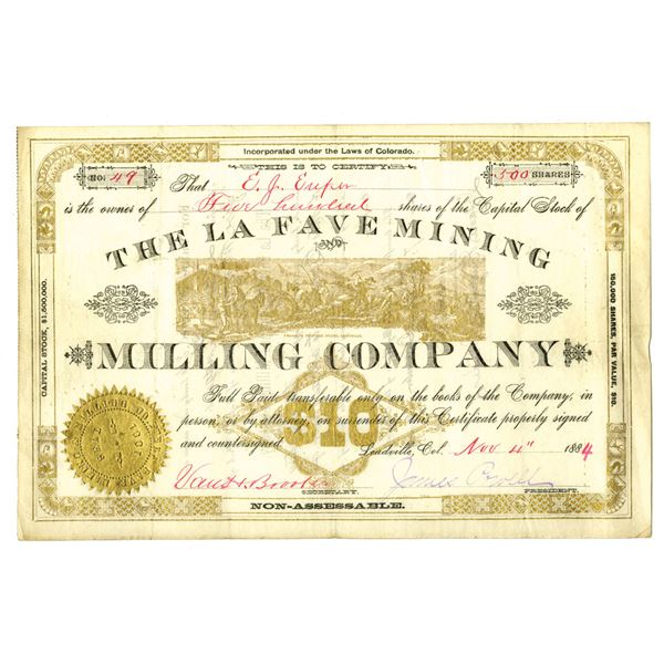CO. La Fave Mining & Milling Company, 1884 I/U Stock Certificate