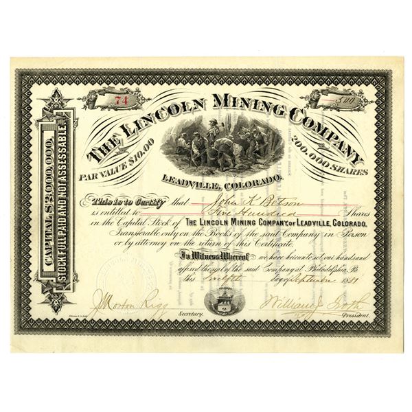 CO. Lincoln Mining Company, 1881 I/U Stock Certificate