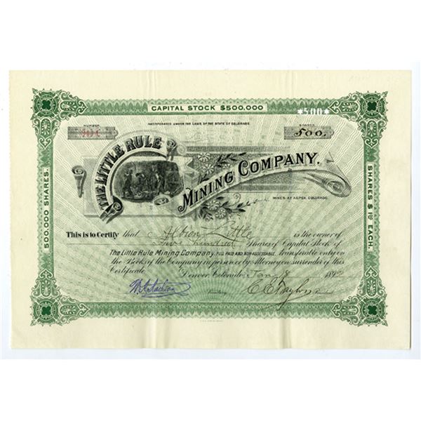 CO. Little Rule Mining Co., Mines at Aspen, Colorado, 1892, I/U Stock Certificate.