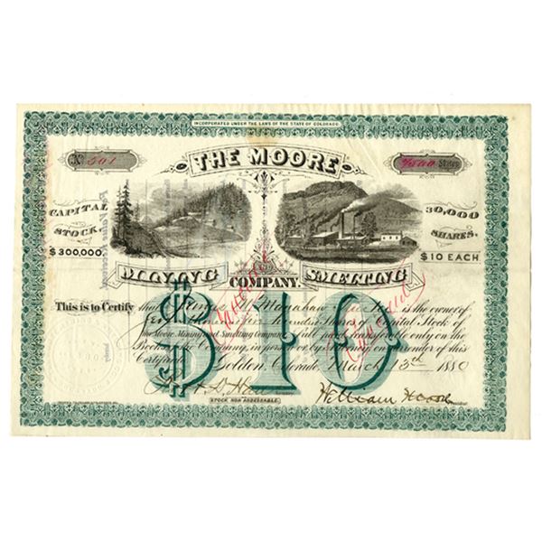 CO. Moore Mining and Smelting Co., 1880, I/C Stock Certificate.