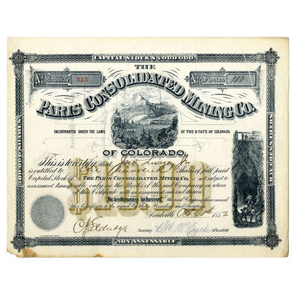 CO. Paris Consolidated Mining Co., 1882, I/U Stock Certificate.