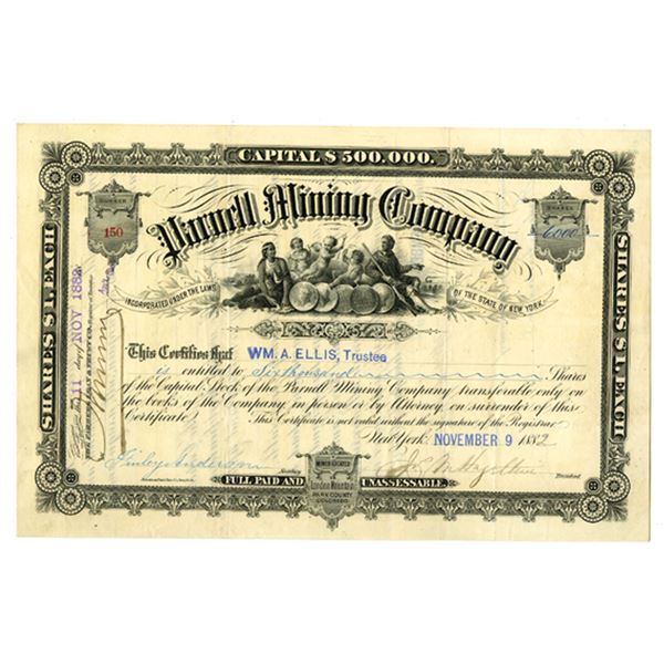 CO. Parnell Mining Company, 1882 I/U Stock Certificate With Gold Coin Vignette.