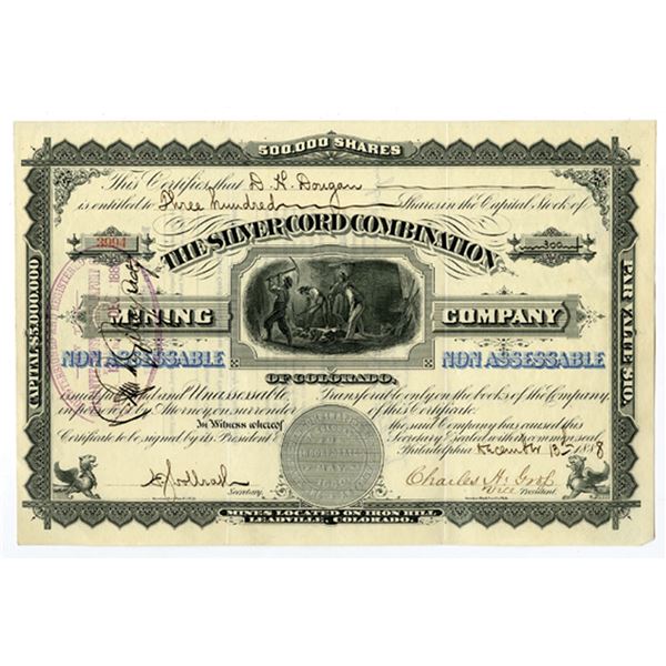 CO. Silver Cord Combination Mining Company of Colorado, 1880 I/U Stock Certificate.