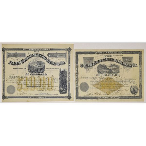 CO. South Side Milling, and Paris Consolidated Mining Cos., 1881 & 1882, I/U Stock Certificate Pair.