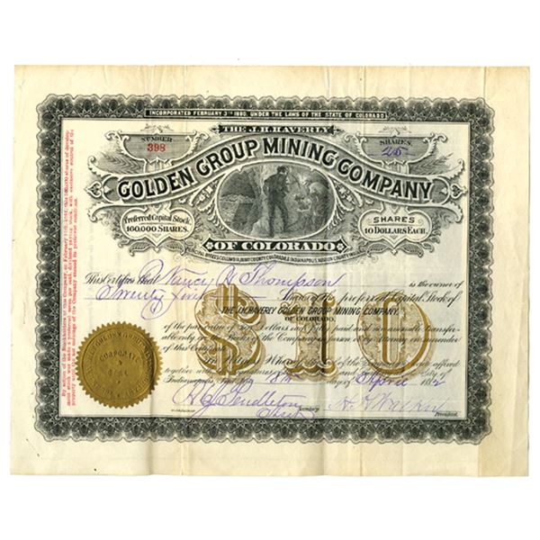 CO. The J.H. Haverly Golden Group Mining Company of Colorado, 1882, I/U Stock Certificate.