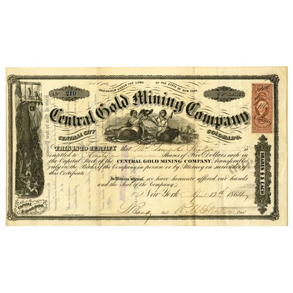 CO. Central Gold Mining Co., 1864, I/U Stock Certificate.