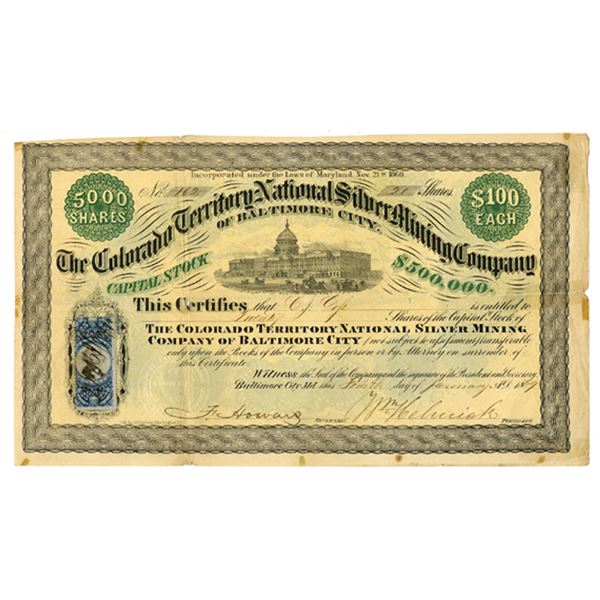 CO. Colorado Territory National Silver Mining Co. of Baltimore City, 1869, I/U Stock Certificate.