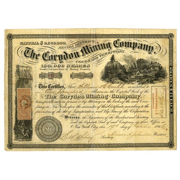 CO. Corydon Mining Co., 1866, I/U Stock Certificate, Major Stock Manipulation Scam.