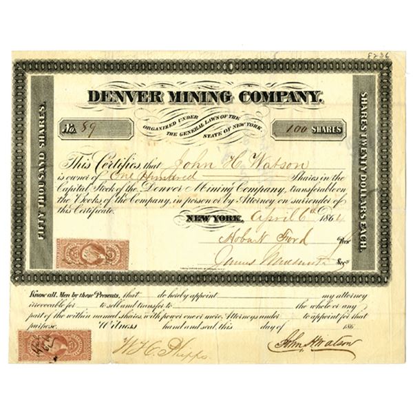CO. Denver Mining Co., 1864, I/U Stock Certificate Signed by Union Army Colonel Hobart Ford.