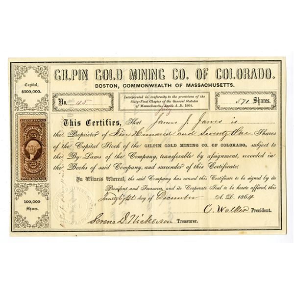 CO. Gilpin Gold Mining Co. of Colorado, 1864 I/U Stock Certificate
