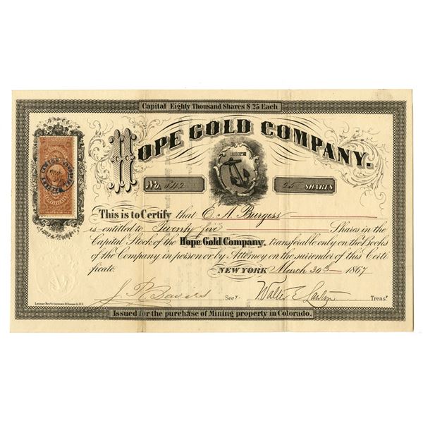 CO. Hope Gold Company, 1867 I/U Stock Certificate