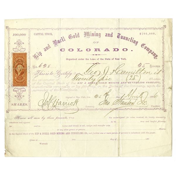 CO. Kip & Buell Gold Mining and Tunneling Company, 1866 I/U Stock Certificate