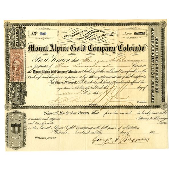 CO. Mount Alpine Gold Co. of Colorado, 1865, I/U Stock Certificate.