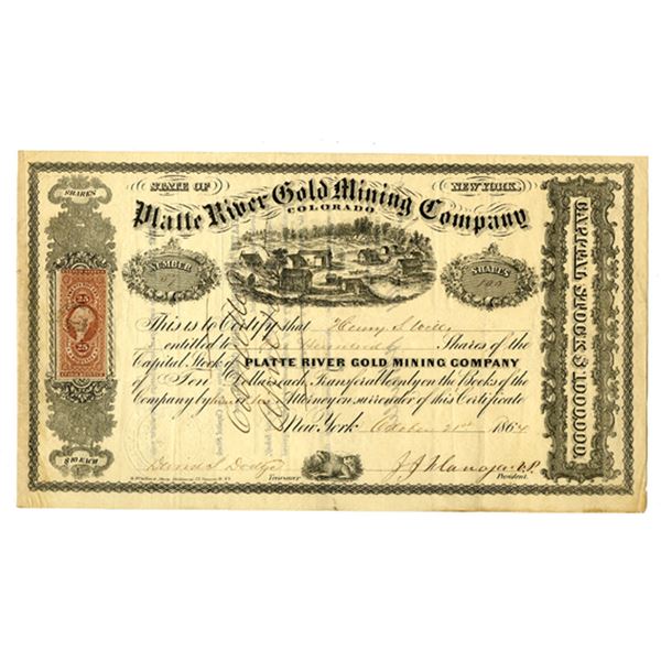 CO. Platte River Gold Mining Company, 1865 I/U Stock Certificate