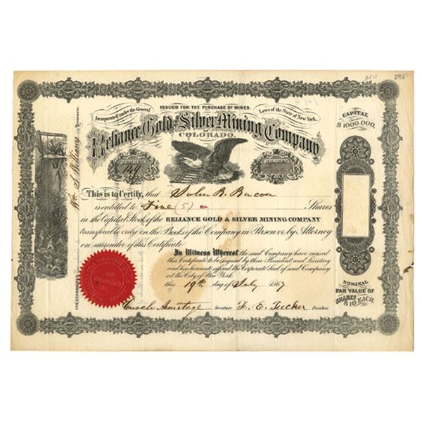 CO. Reliance Gold & Silver Mining Company of Colorado, 1863 I/U Stock Certificate.