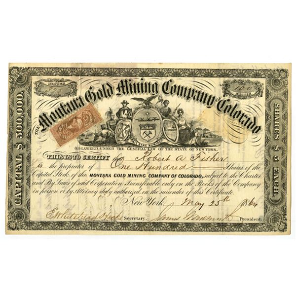 Colorado Territory. Montana Gold Mining Company of Colorado, 1864, I/U Stock Certificate