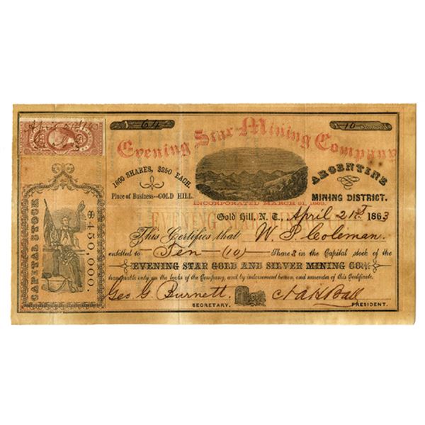 CO.  Evening Star Gold and Silver Mining Company, 1863, I/U Stock Certificate Issued in Nevada Terri