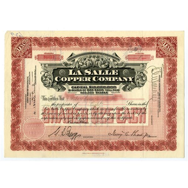 MI. La Salle Copper Co., 1908, I/U Stock Certificate.