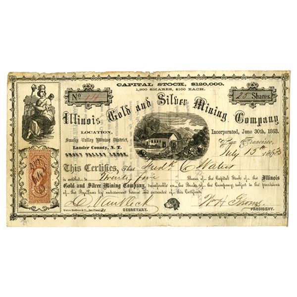 N.T. Illinois Gold and Silver Mining Company, 1863, I/U Nevada Territory Stock Certificate