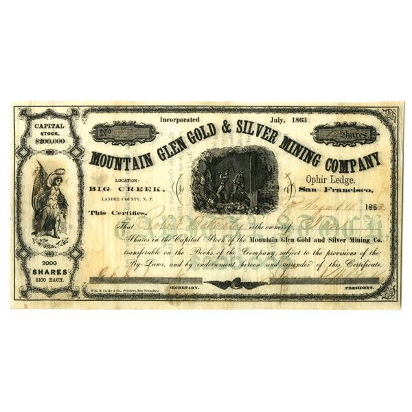 Nevada Territory. Mountain Glen Gold and Silver Mining Co., 1863, I/U Stock Certificate.